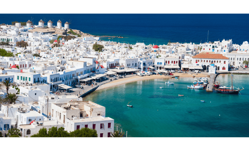 Looking over the waterfront in Mykonos Town