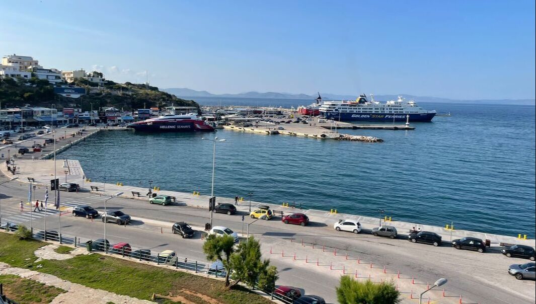 Looking down on Rafina port from a hotel room