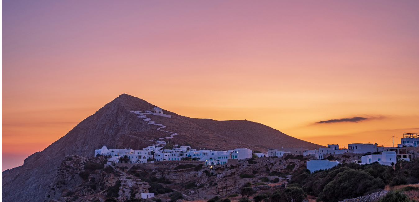 The sun setting on Chora and the Church of Panagia