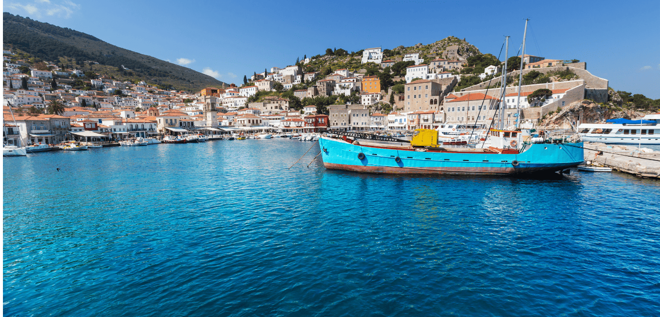 Looking across Hydra Town Harbour