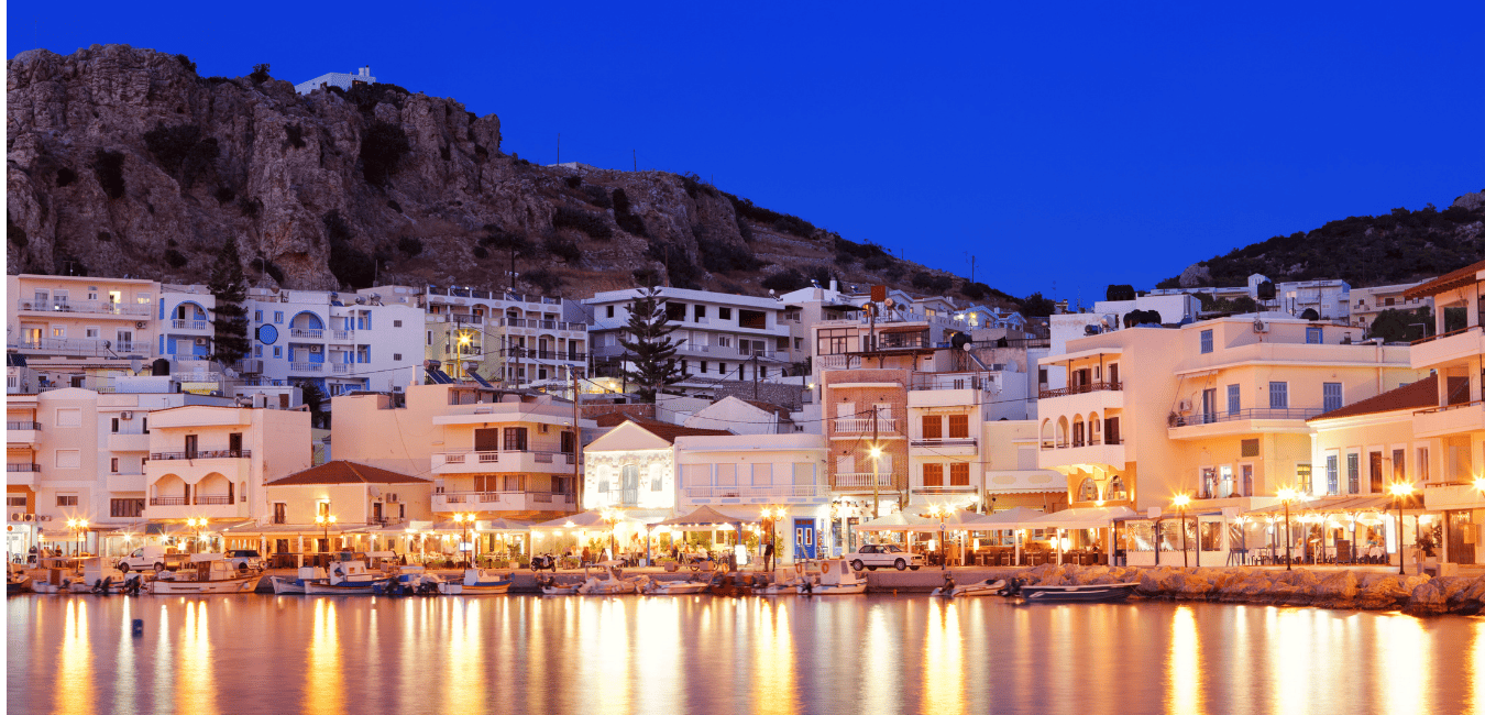 The waterfront on Karpathos harbour at night