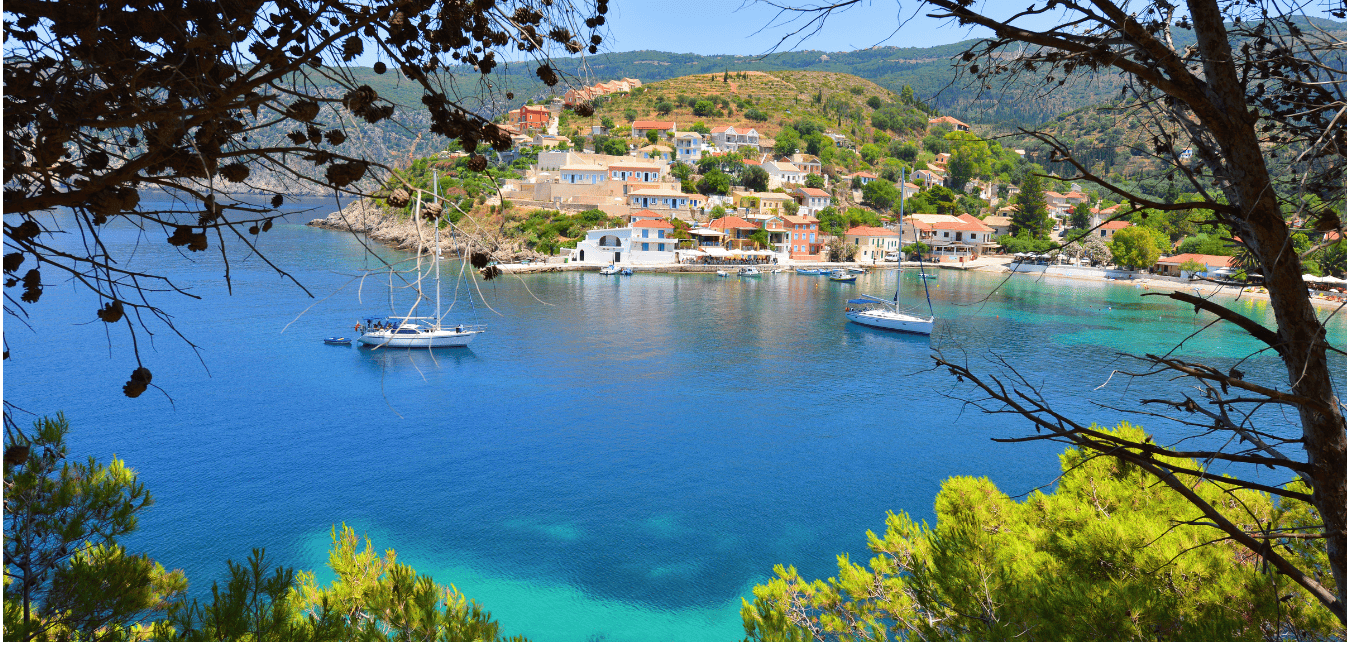 A inlet of Kefalonia with some sunbathed houses overlooking it