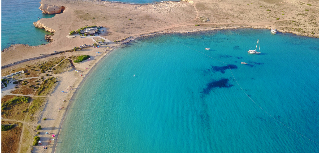 An aerial view of a beach and sea on Koufonissi