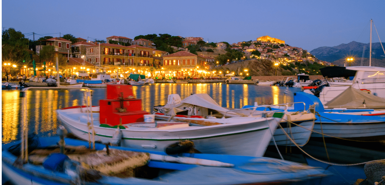 Molyvos at night, looking from the harbour up to the castle