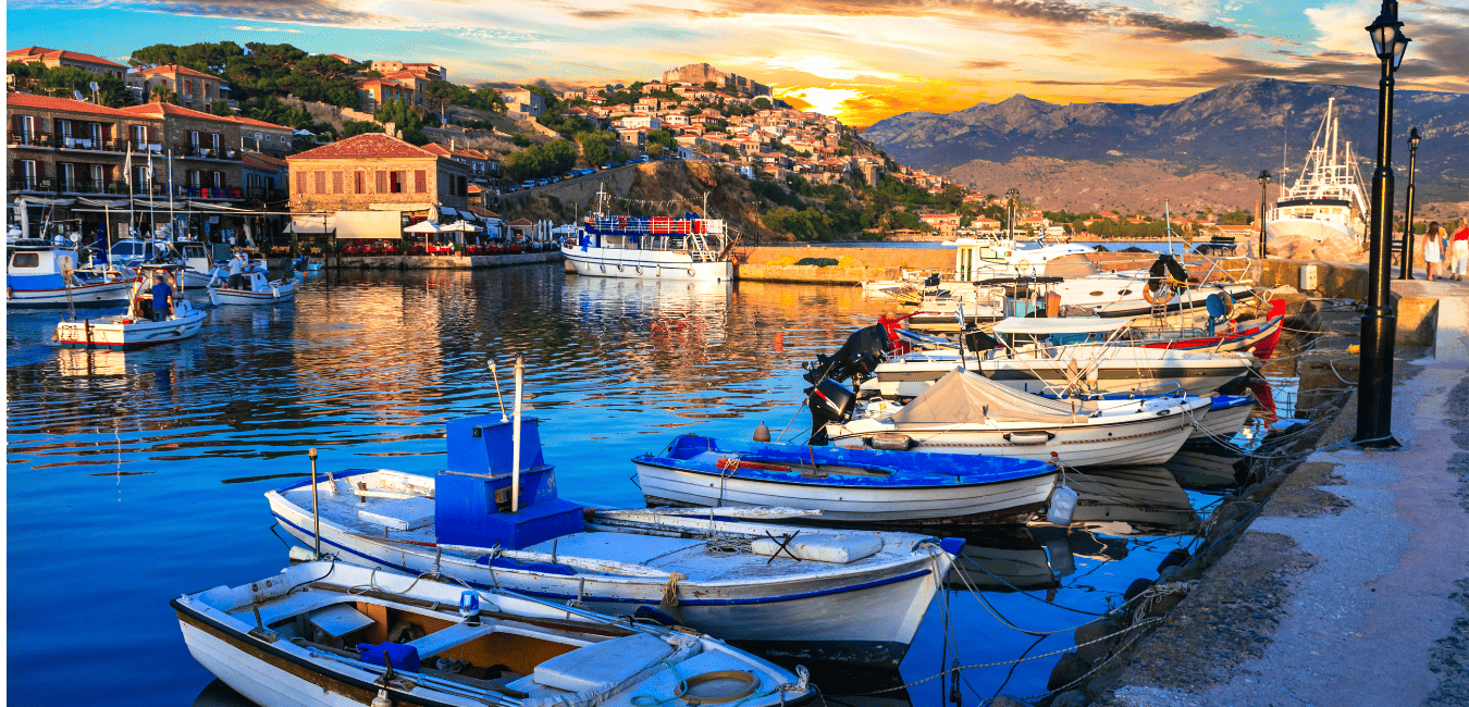 Molyvos harbour looking up to the castle