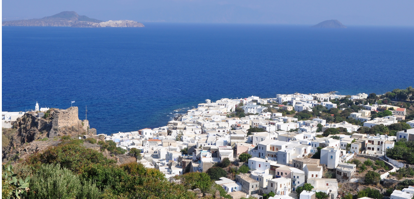 Looking down across the hills and white houses of Nissyros