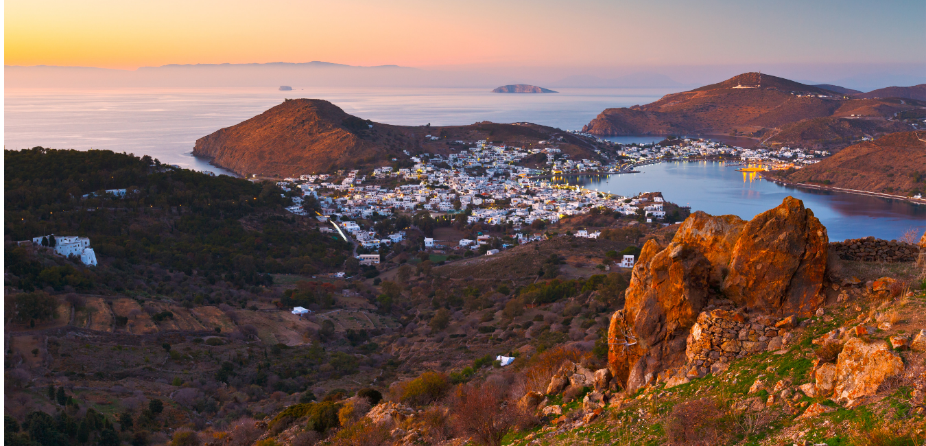 Looking down across Patmos and its harbour