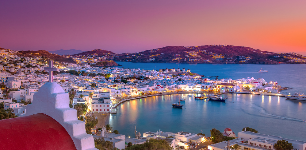 Looking down on Mykonos town at night
