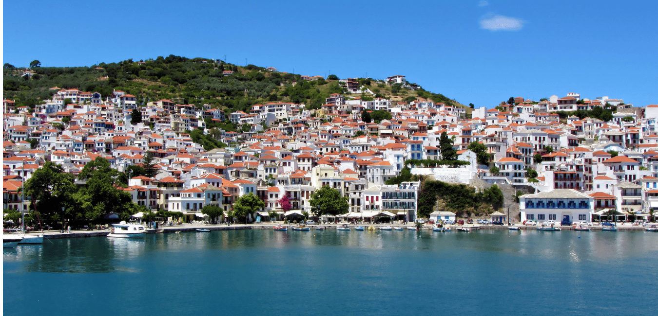 Looking at Skopelos Town from the water